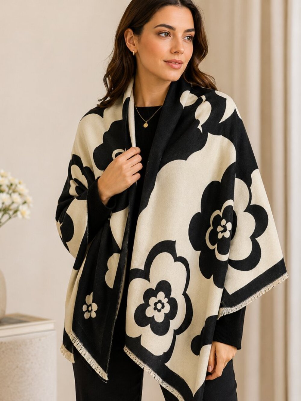 Reversible Black Ivory Floral Shawl Wrap Soft Fringe Scarf New